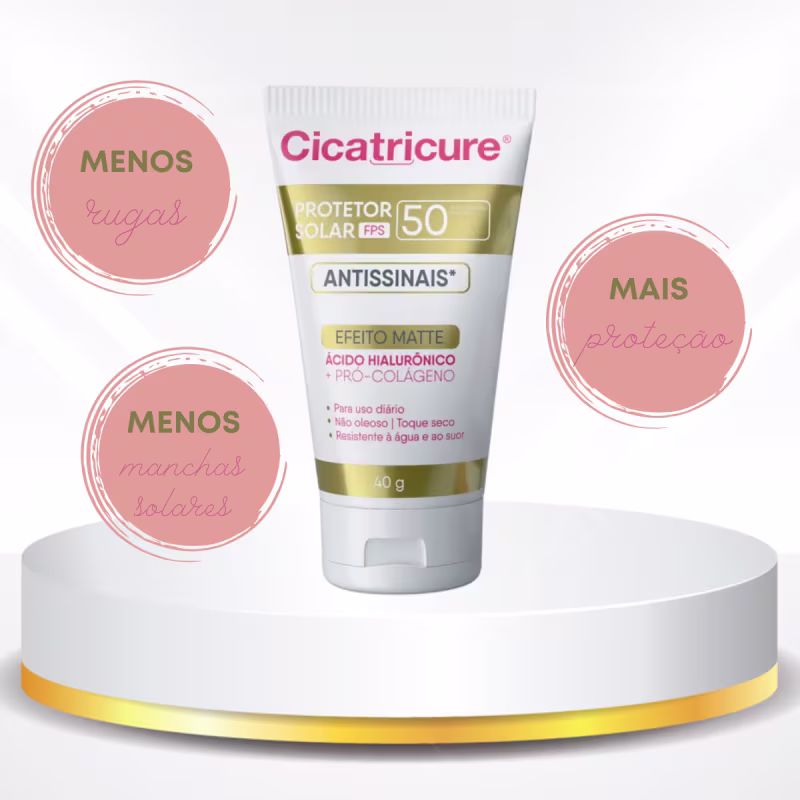 Protetor Solar FPS 50 Antissinais, Efeito Matte, Ácido Hialurônico + Pró-Colágeno, Para uso diário, Não oleoso, Toque seco, Resistente à água e ao suor.
