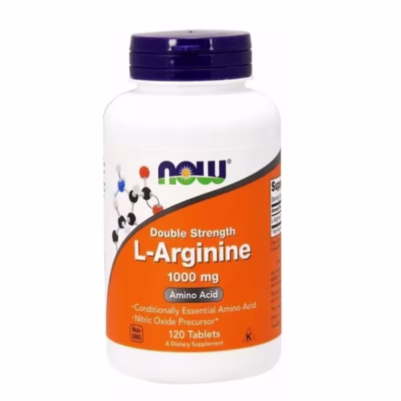 O produto é um suplemento alimentar de L-Arginina da marca Now Foods. Vem em um pote branco com tampa azul escura. O rótulo laranja destaca que é um suplemento de "L-Arginina de Dupla Força" de 1000mg.
