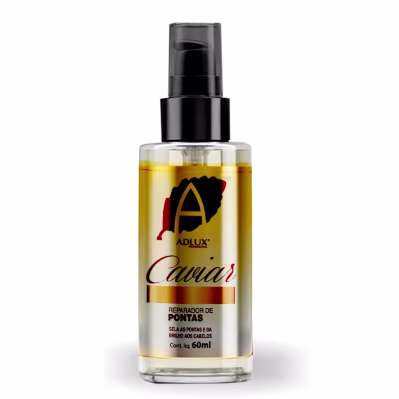 Reparador de pontas da marca Adlux Cosméticos, chamado Caviar. A embalagem é um frasco de vidro com um aplicador de spray na parte superior. Contém 60ml