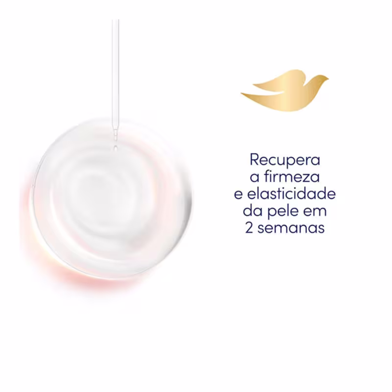 Frasco de creme branco com uma gota suspensa, acompanhado de um símbolo dourado de pássaro. O texto indica que o produto recupera a firmeza e elasticidade da pele em 2 semanas.