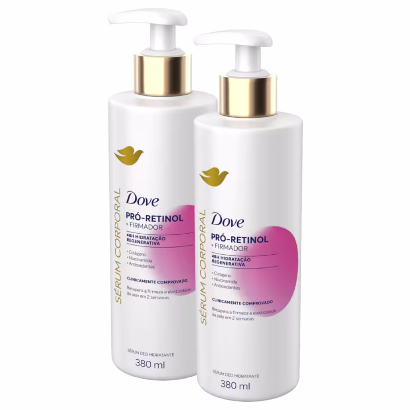 Dois frascos brancos de 380 ml da linha Dove Pró-Retinol + Firmador, com bombas doseadoras douradas. Os rótulos apresentam o nome da marca Dove e informações sobre os benefícios do produto, como hidratação regenerativa e recuperação da firmeza da pele.
