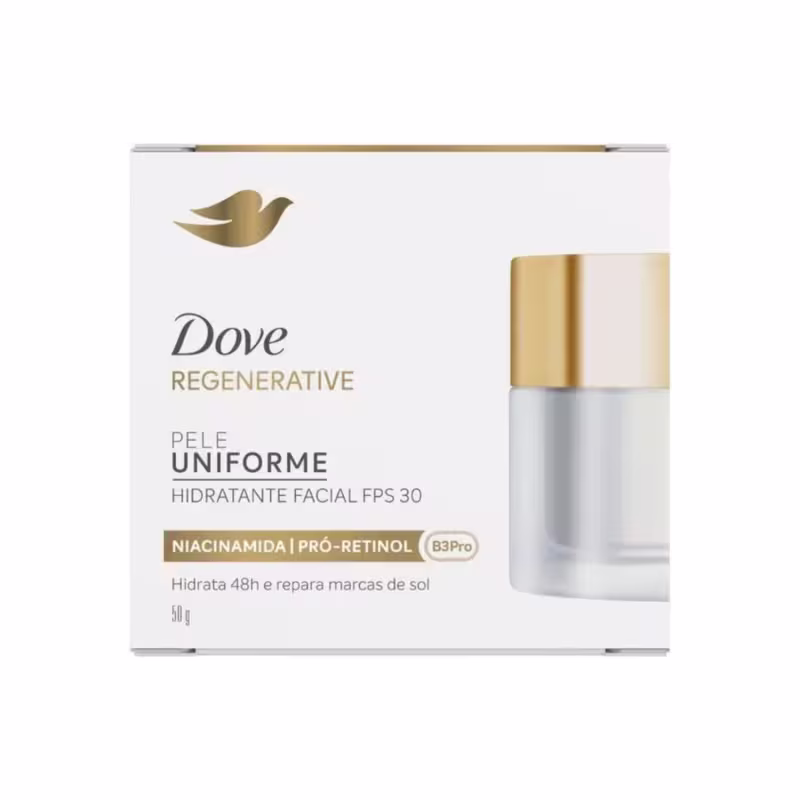 Dove Regenerative Pele Uniforme Hidratante Facial FPS 30 Niacinamida | Pró-Retinol (B3Pro) Hidrata 48h e repara marcas de sol 50g.