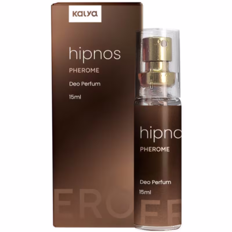 Frasco de perfume Kalya Hipnos Pherome, com 15ml de conteúdo, em embalagem marrom com rótulos em branco e dourado, destacando o nome do produto e sua função como deo perfume.