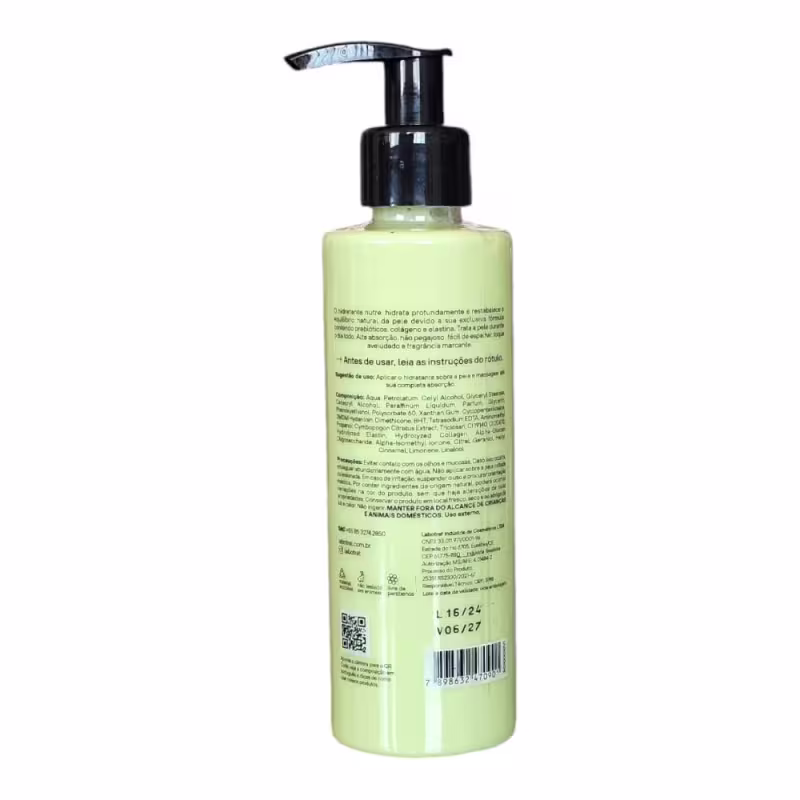 O produto apresentado é um hidratante corporal da marca Labotrat, com a fragrância de capim-limão. A embalagem é um frasco plástico de cor verde-clara, com um rótulo preto e branco exibindo o nome do produto.