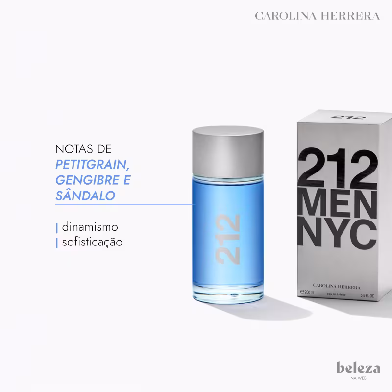 Embalagem de item de perfumaria da marca Carolina Herrera, com frasco azul e texto "212 MEN NYC" em caixa cinza.