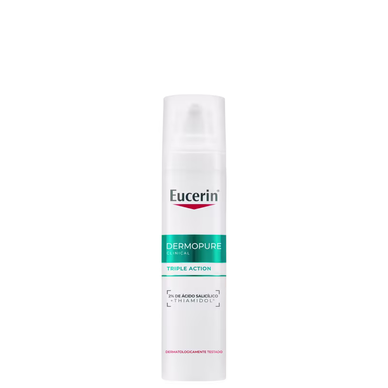 Eucerin Dermopure Clinical, um produto de cuidados com a pele com ação tripla, contendo 2% de ácido salicílico e thiamidol, conforme indicado no rótulo.