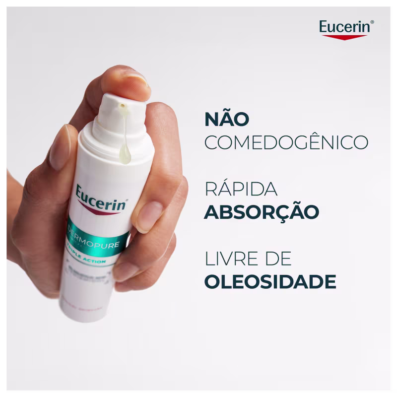Embalagem branca de item de perfumaria da marca Eucerin com texto "Não comedogênico, rápida absorção, livre de oleosidade" e imagem de mão segurando o produto.
