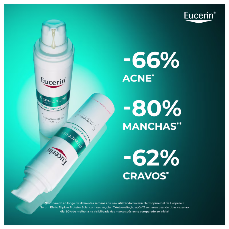 Embalagem branca de item de perfumaria da marca Eucerin, com texto "Dermopure" e "Acne -66%, Manchas -80%, Cravos -62%", indicando benefícios do produto.