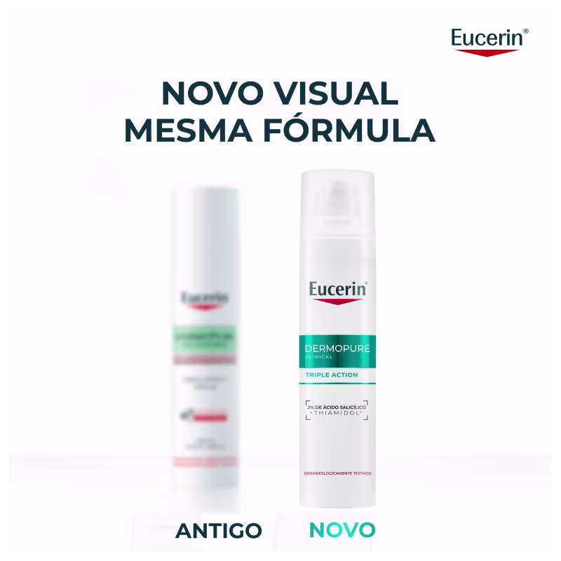 Imagem mostra dois produtos da marca Eucerin: um frasco branco com rótulo verde "Dermopure Triple Action" e outro frasco branco com rótulo vermelho e texto "Eucerin". O texto legível inclui "Eucerin" e "Dermopure Triple Action".