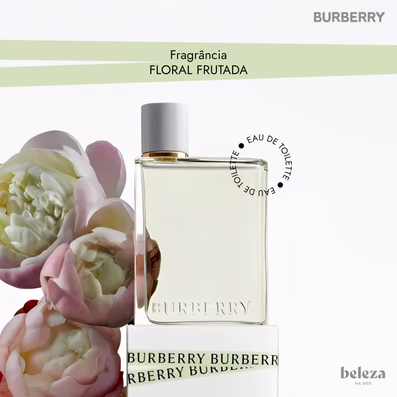 Frasco de item de perfumaria da marca Burberry com texto "Fragrância Floral Frutada" e "Eau de Toilette".