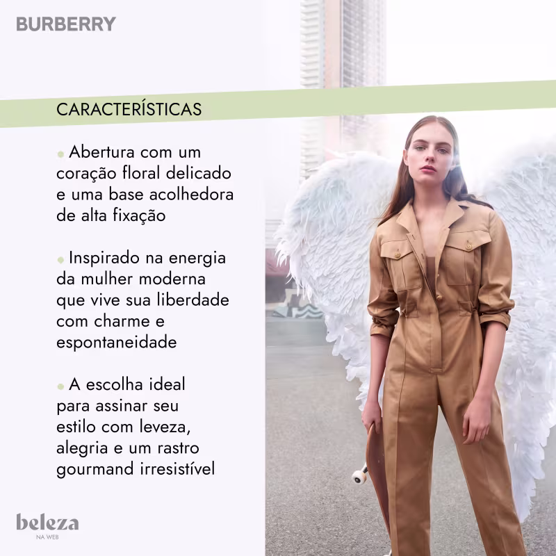 Uma mulher com um macacão bege e grandes asas brancas, com texto de informações sobre as características do produto.