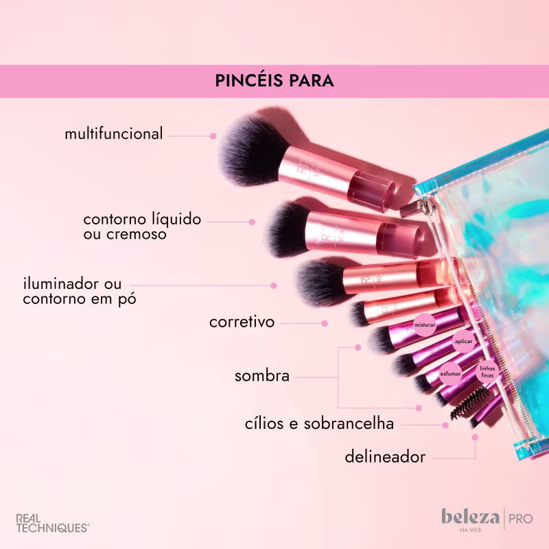 Pincéis para multifuncional, contorno líquido ou cremoso, iluminador ou contorno em pó, corretivo, sombra, cílios e sobrancelha, delineador.