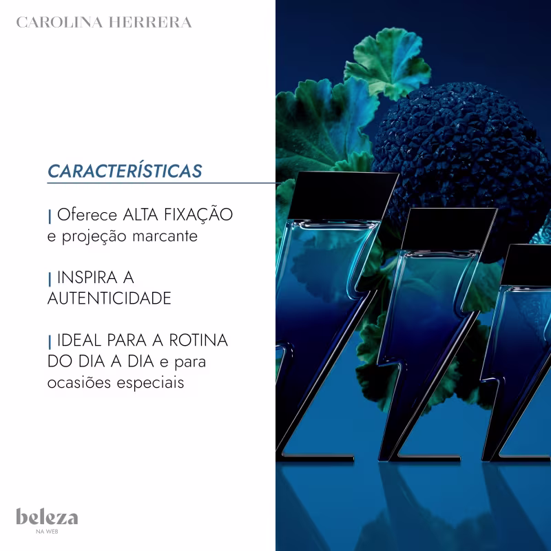 Embalagens de item de perfumaria da marca Carolina Herrera com design moderno e elegante, em tons de azul, com destaque para a projeção marcante e fixação duradoura do produto.