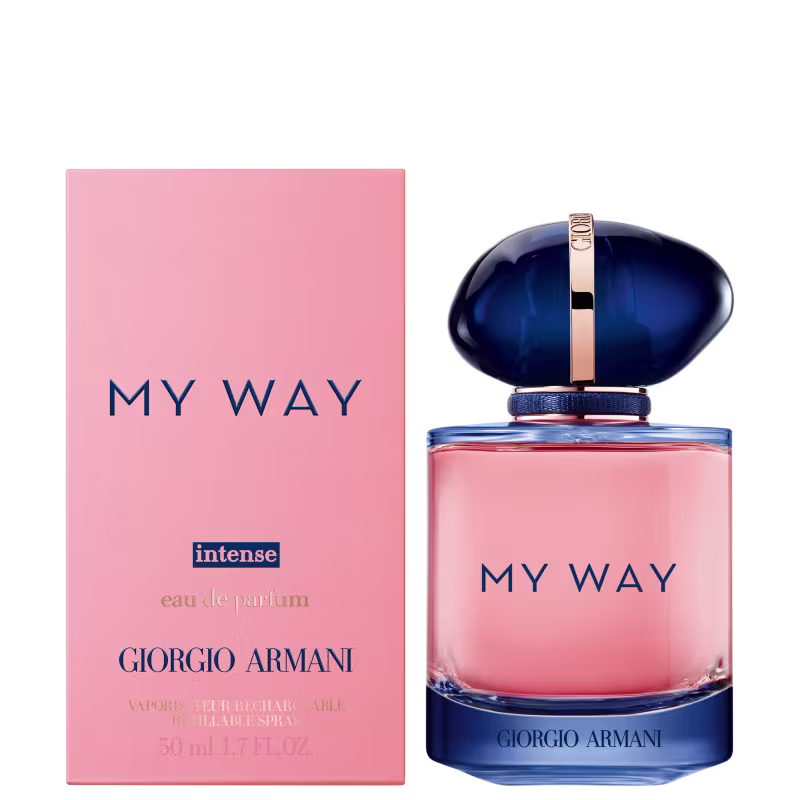 A imagem mostra a embalagem de um perfume "My Way" da marca Giorgio Armani. A caixa é na cor rosa claro, com o nome "My Way" em letras grandes e azuis. Abaixo, está escrito "intense eau de parfum" na cor dourada.