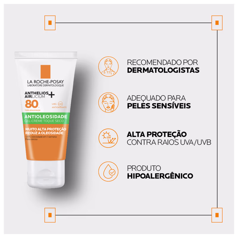 Embalagem do Protetor Solar Anthelios Airlicium FPS 80, da marca La Roche-Posay. Recomendado por dermatologistas, adequado para pele sensível, alta proteção contra raios UVA/UVB, produto hipoalergênico.