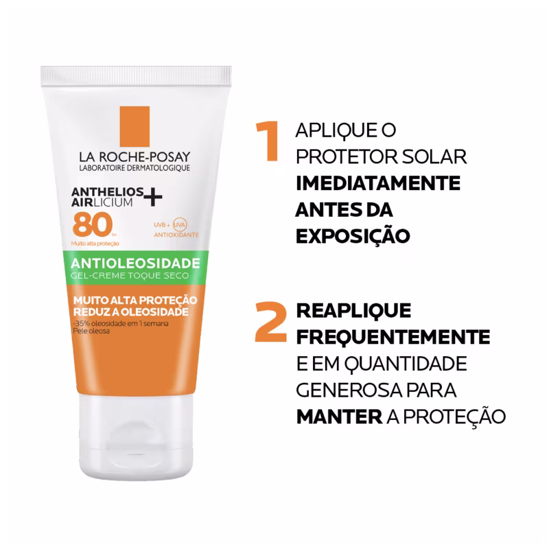 Embalagem do Protetor Solar Anthelios Airlicium FPS 80, da marca La Roche-Posay. Imagem com modo de uso.