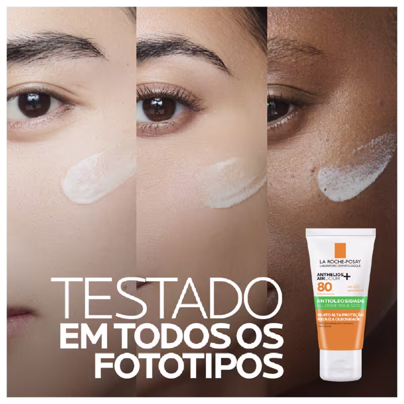 Embalagem do Protetor Solar Anthelios Airlicium FPS 80, da marca La Roche-Posay. Testado em todos os fototipos de pele.