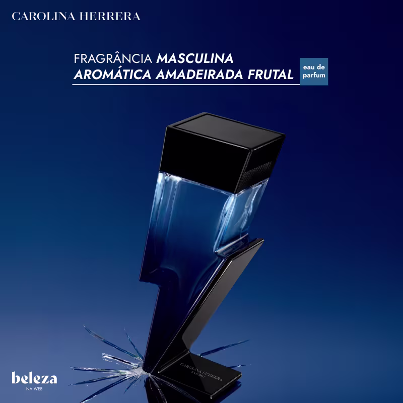 Frasco de item de perfumaria masculina da marca Carolina Herrera, com design geométrico em tons de azul e preto, contendo texto "Fragrância Masculina Aromática Amadeirada Frutal" e "Eau de Parfum".