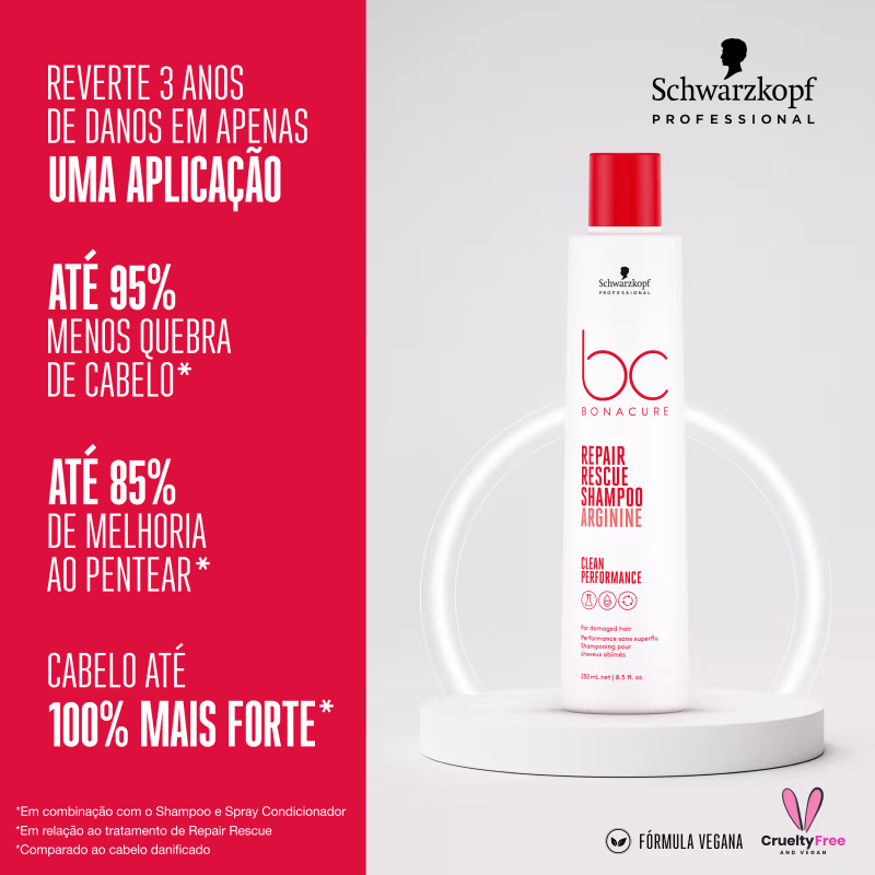 Imagem acompanhada de texto promocional em português destacando os benefícios do produto para reparar danos, reduzir quebra e melhorar o pentear, fortalecendo 100% os fios.