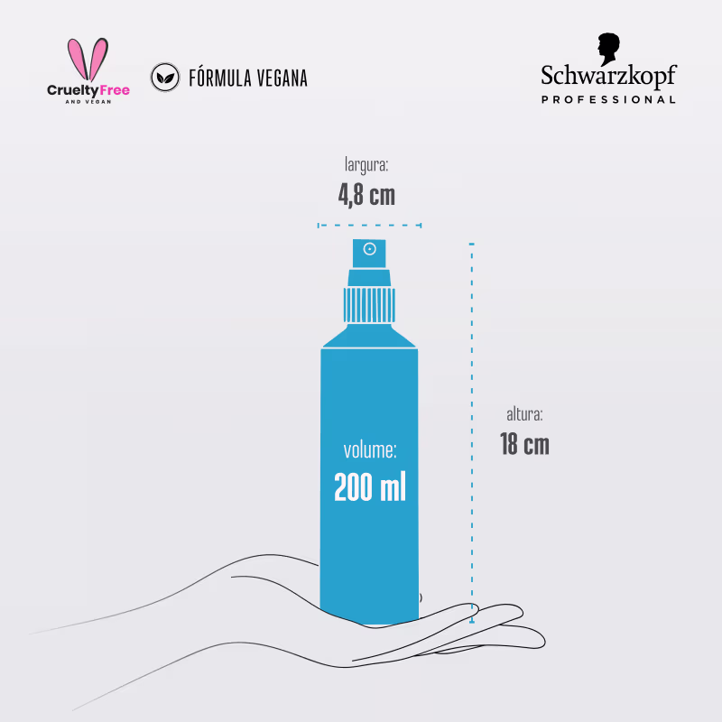 Dimensões indicadas: 4,8 cm de largura e 18 cm de altura. Ilustração de uma mão segurando o frasco.