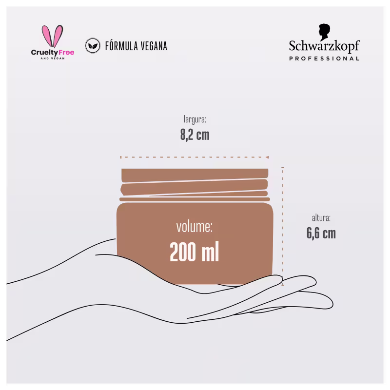 A imagem traz uma ilustração de uma mão segurando a embalagem escrito: "volume: 200ml, altura 6, 6cm e largura de 8,2 cm.