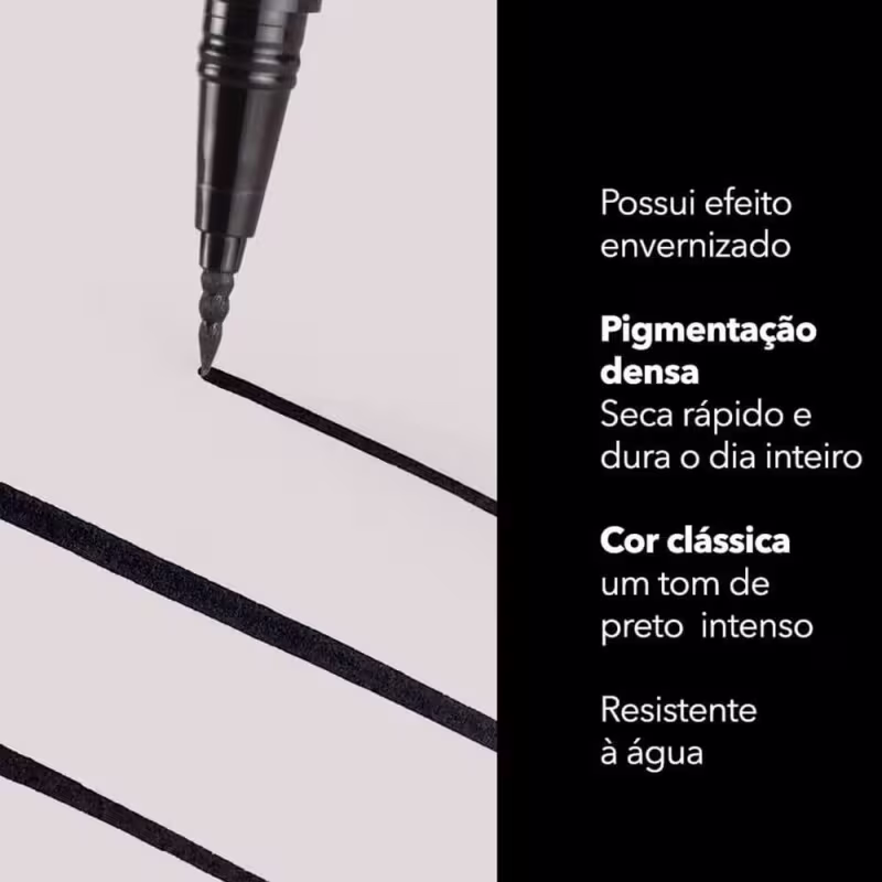 A imagem mostra a ponta do produto com informações de efeito envernizado, secagem rápida, pigmentação densa, cor clássica e resistência à água.