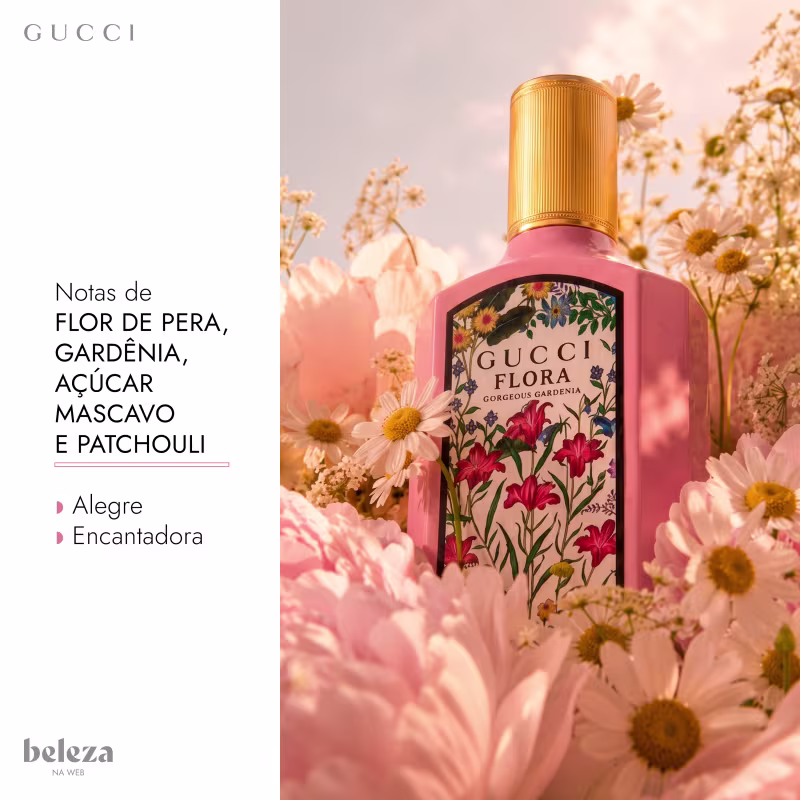Frasco de item de perfumaria da marca Gucci com design floral em tons de rosa, contendo notas de flor de pera, gardênia, açúcar mascavo e patchouli.