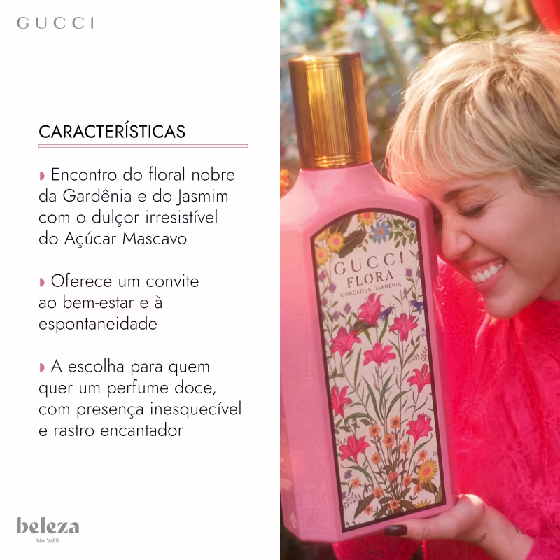 Embalagem rosa com estampa floral da Gucci Flora, item de perfumaria com notas florais de gardênia e jasmim e doçura de açúcar mascavo, que proporciona convite ao bem-estar e espontaneidade.