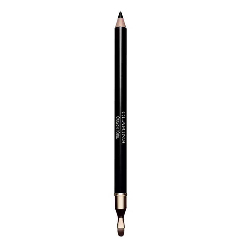 Lápis de olho preto da marca Clarins. O produto é um lápis de maquiagem preto com detalhes dourados nas extremidades. O corpo do lápis é cilíndrico e alongado, com a marca "Clarins" e a descrição "Crayon Khôl" (lápis de khol) impressas.