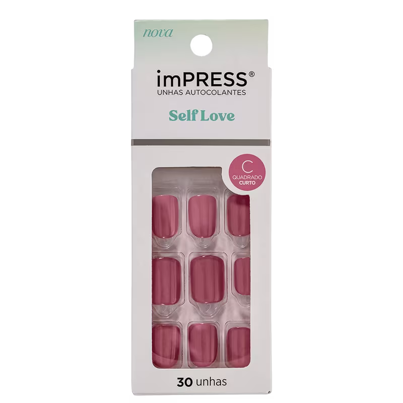 Unhas postiças autocolantes. Embalagem retangular com fundo branco e detalhes em verde e rosa. Contém 30 unhas postiças de tamanho curto e quadrado, na cor rosa claro. O nome do produto "Self Love" está impresso na parte superior da embalagem.