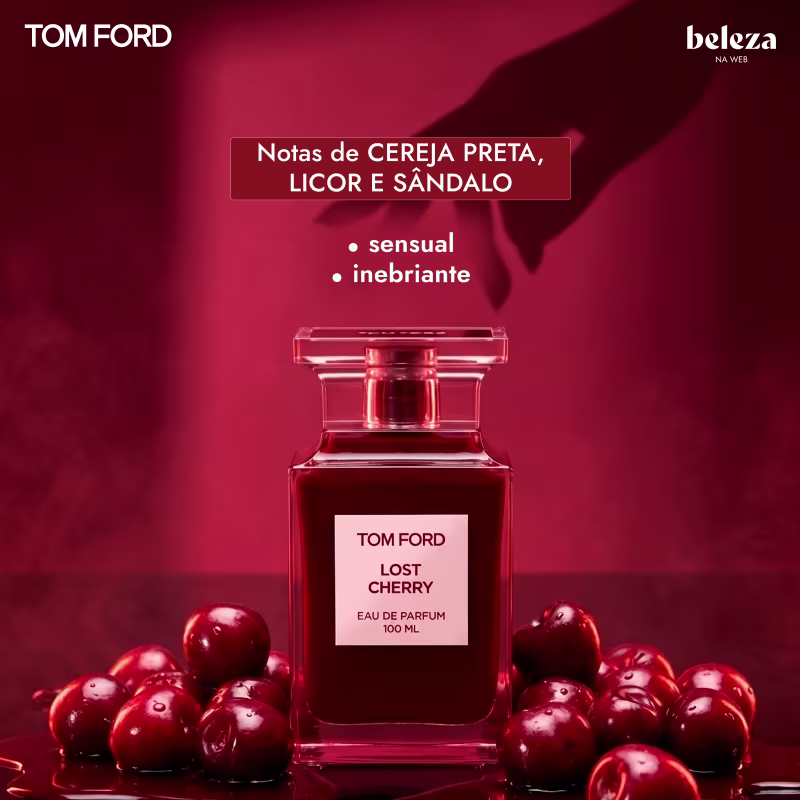 Frasco de item de perfumaria da marca Tom Ford com rótulo "Lost Cherry" e texto "Notas de cereja preta, licor e sândalo" em fundo vermelho com cerejas.