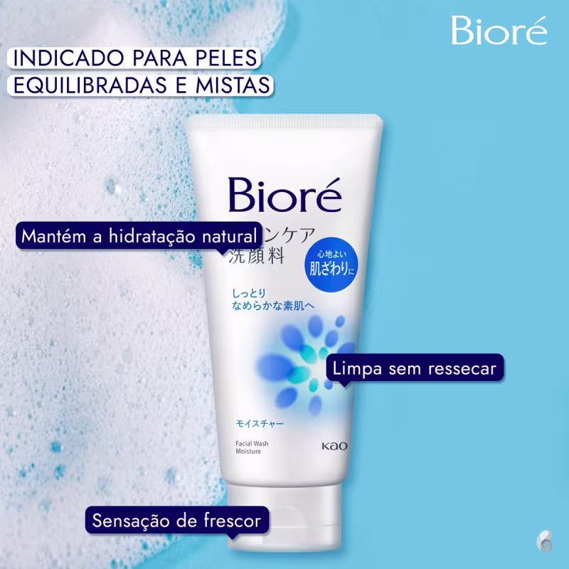 O texto indica que o produto é indicado para peles equilibradas e mistas, mantendo a hidratação natural da pele e limpando sem ressecá-la. Também menciona que o produto proporciona uma sensação de frescor.