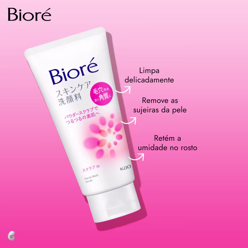 Texto destaca que limpa delicadamente a pele e remove as impurezas e retém a umidade no rosto. A embalagem possui uma cor rosa predominante, com o logotipo da marca Bioré em destaque.