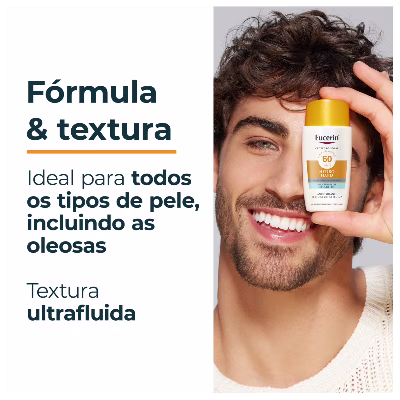 Embalagem de item de perfumaria da marca Eucerin com textura ultrafluida, SPF 60, ideal para todos os tipos de pele, incluindo oleosas, conforme texto visível na imagem.