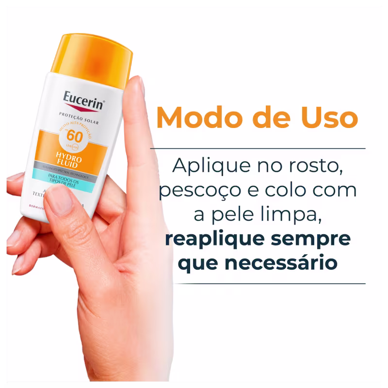 Embalagem de item de perfumaria da marca Eucerin com proteção solar FPS 60, com texto "Modo de Uso: Aplique no rosto, pescoço e colo com a pele limpa, reaplique sempre que necessário".