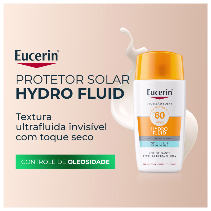 Frasco branco com tampa laranja da marca Eucerin, contendo protetor solar hidratante com FPS 60 e textura ultrafluida, para todos os tipos de pele.