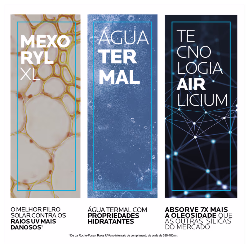 A imagem mostra 3 ingredientes em sua fórmula: Mexoryl XL, Água Termal e Tecnologia Airlicium.