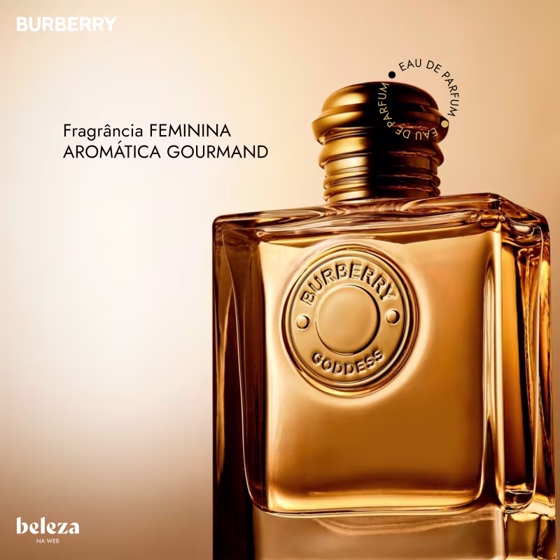 Frasco de item de perfumaria da marca Burberry com design dourado e textura metálica, com texto "Fragrância FEMININA AROMÁTICA GOURMAND" visível.