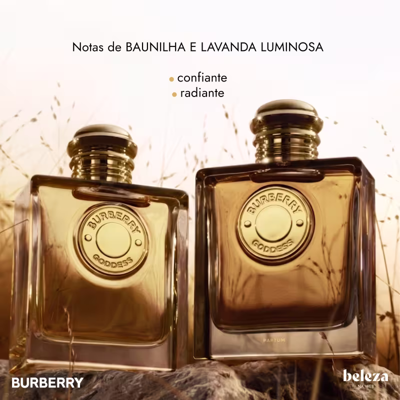Dois frascos de item de perfumaria da marca Burberry, com rótulos dourados exibindo os dizeres "Burberry Goddess".