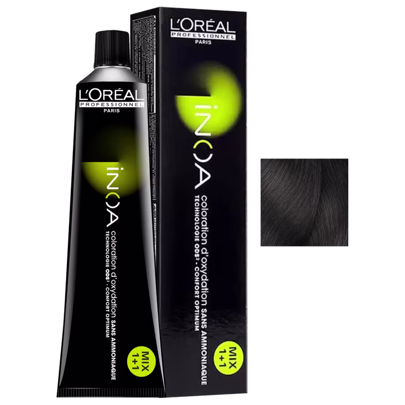 Frasco de item de perfumaria da marca L'Oréal Professionnel, com embalagem preta e verde, contendo produto para coloração de cabelos.