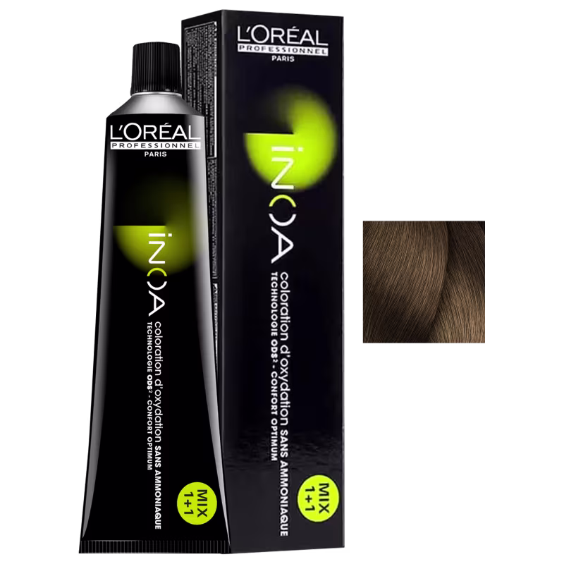 Frasco de item de perfumaria da marca L'Oréal Professionnel, com embalagem preta e verde, contendo texto "INOA" em destaque. O produto é apresentado em caixa preta com logotipo da marca.