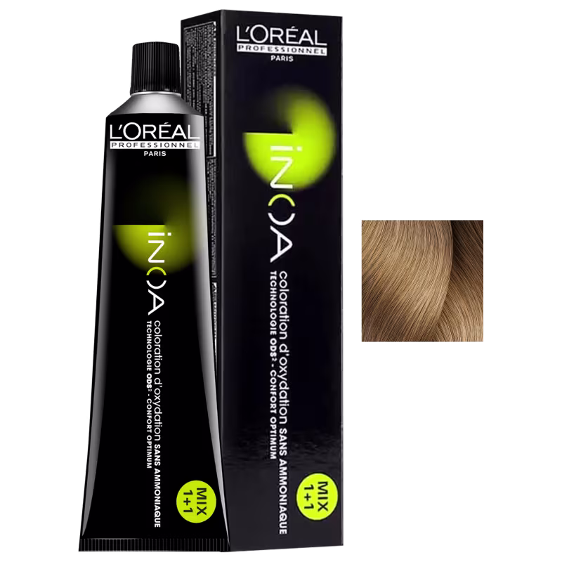 Frasco de item de perfumaria da marca L'Oréal Professionnel, em embalagem preta com detalhes em verde, contendo produto para coloração de cabelos, com rótulo destacando a linha "INOA" e informações técnicas.