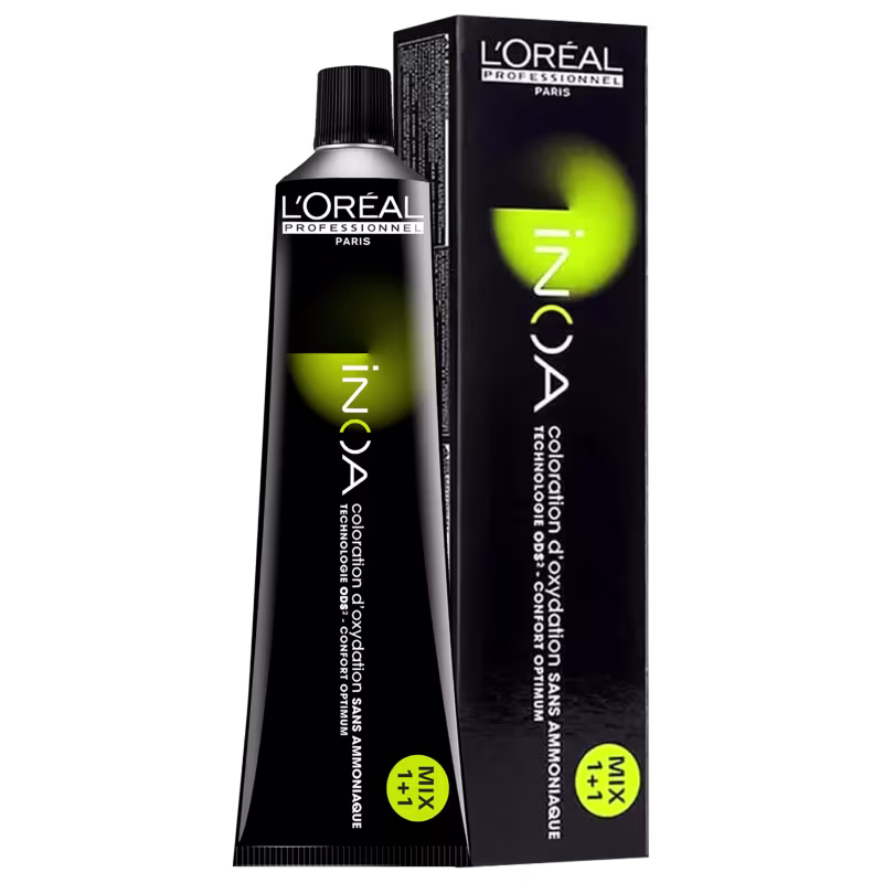 Frasco de item de perfumaria da marca L'Oréal Professionnel Paris, com embalagem preta e verde, contendo texto "INOA" em destaque.