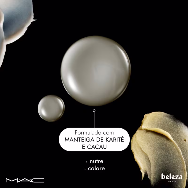 Formulado com manteiga de karité e cacau. Nutre e colore.