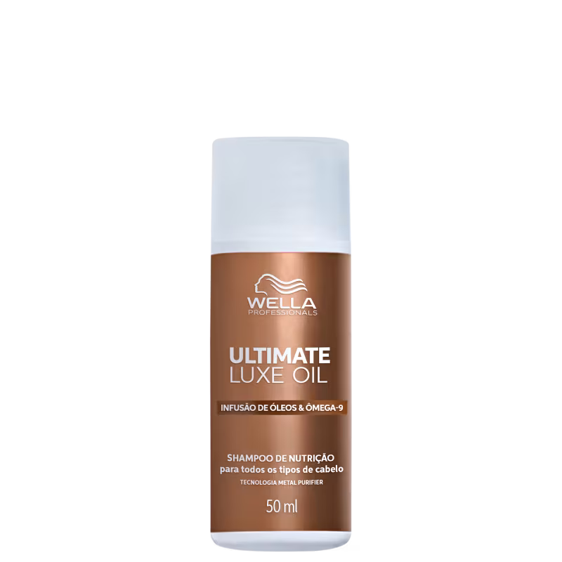 Shampoo da marca Wella Professionals, com rótulo branco e dourado, contendo "Ultimate Luxe Oil" e informações sobre a composição à base de óleos e ômega-9