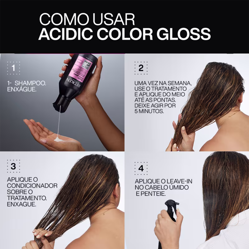 Imagem mostrando instruções de uso de um produto para cabelos da marca Redken, incluindo etapas de aplicação do shampoo, tratamento e leave-in.