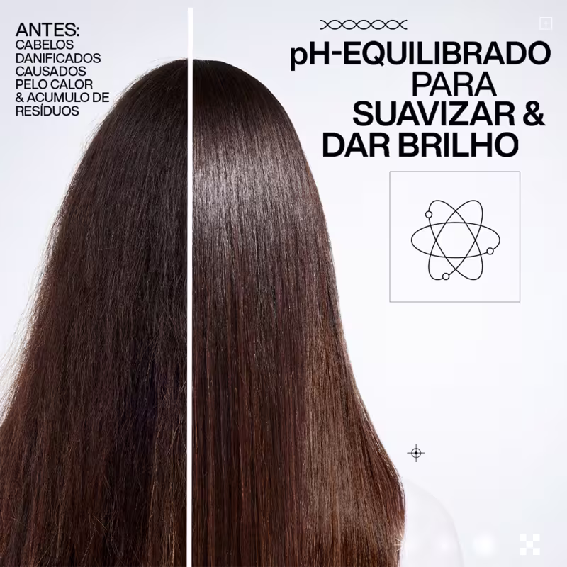 Imagem de embalagem de produto para cabelos com texto "pH-EQUILIBRADO PARA SUAVIZAR & DAR BRILHO" e símbolo químico. Cabelos antes e depois, com diferença na textura e brilho.