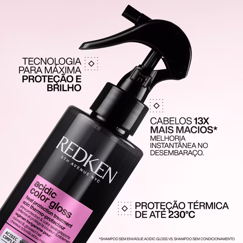 Embalagem preta de item de perfumaria da marca Redken com texto "Acidic color gloss" e "Proteção térmica de até 230°C". Menciona "Cabelos 13x mais macios" e "Melhoria instantânea no desembaraço".