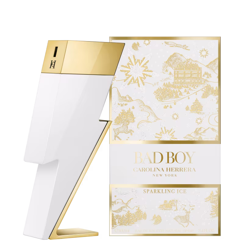 A imagem mostra o frasco de perfume ao lado da caixa do perfume.