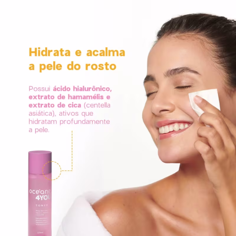 O produto apresentado é um tônico facial da marca Océane 4You. A embalagem é um frasco cilíndrico de plástico na cor roxa. O rótulo indica que o tônico contém  ativos que hidratam profundamente a pele.